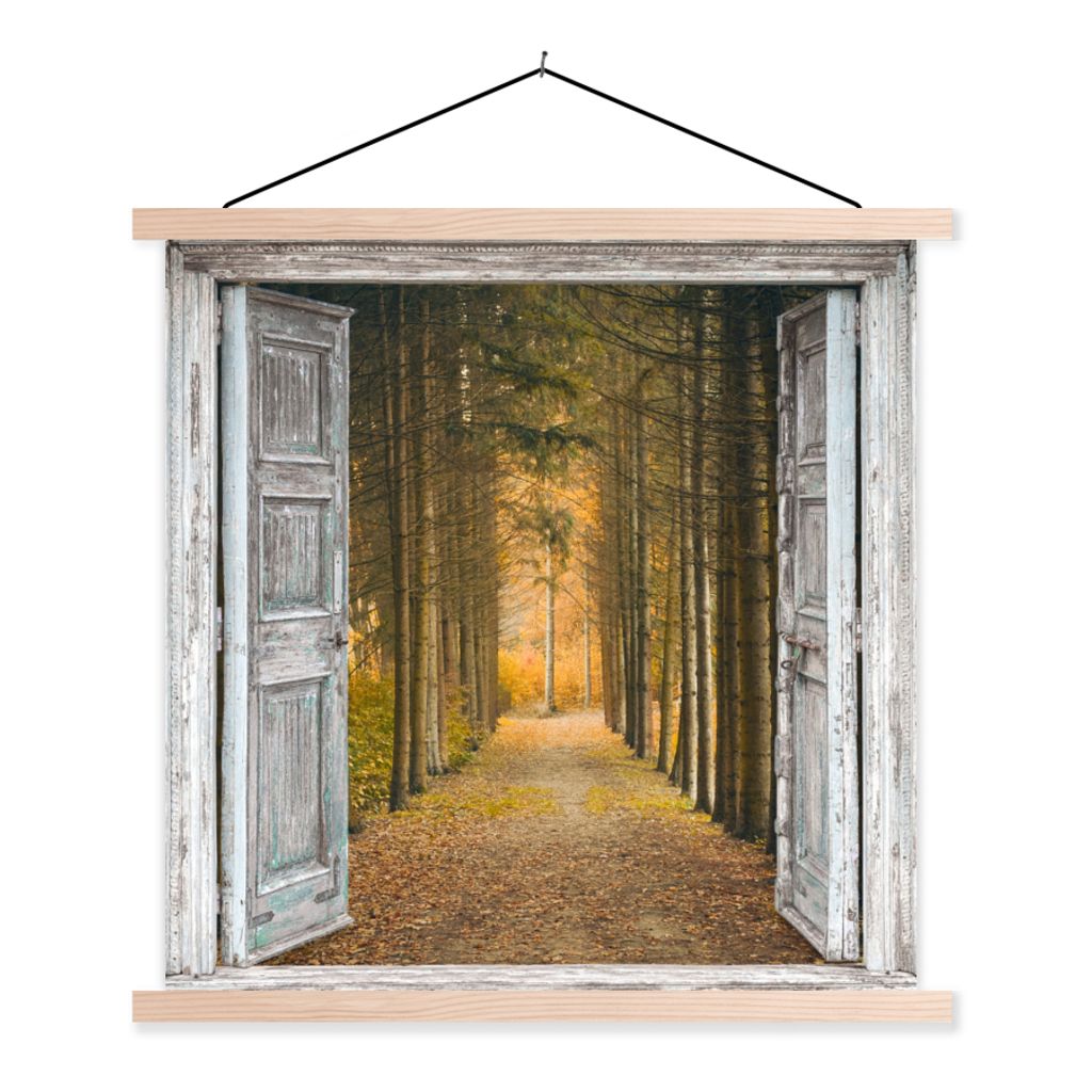 MuchoWow Textilposter Wald - Herbst - Ausblick 40x40 cm mit holzfarbenen Rahmen - Posterleiste