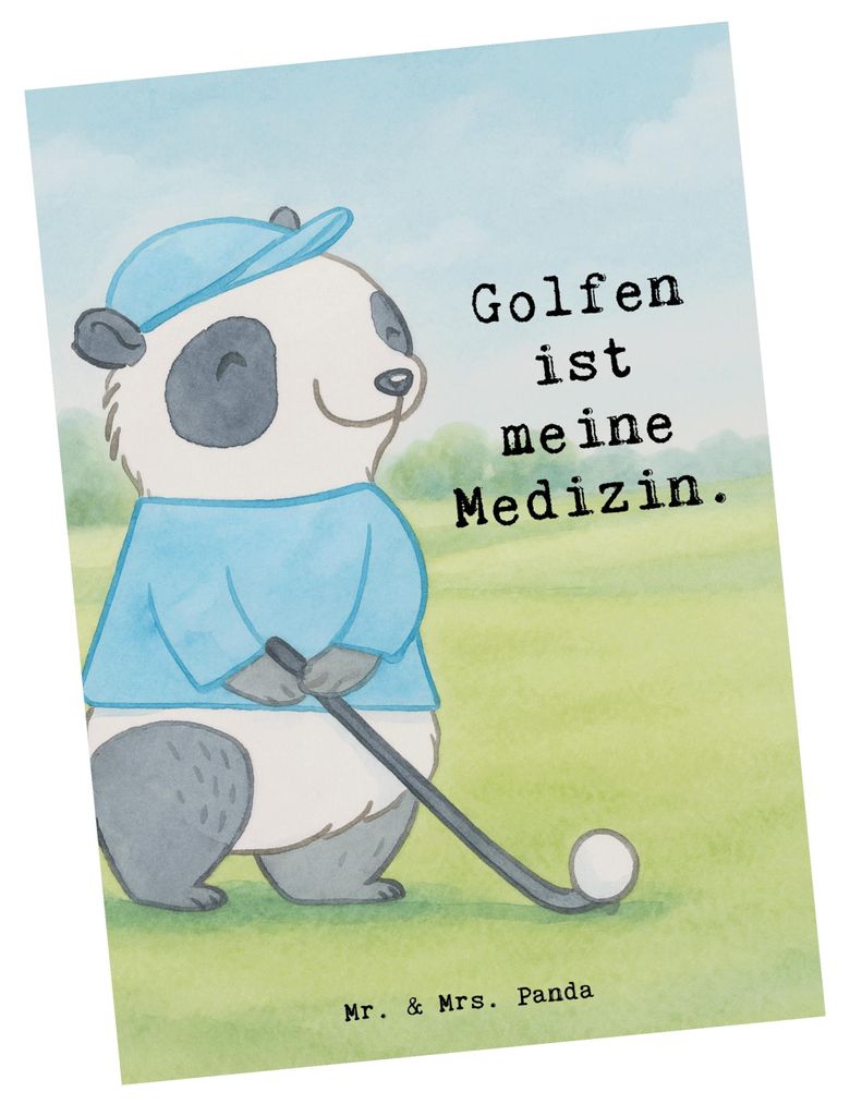 Mr. & Mrs. Panda Ansichtskarte Panda Golfen Design - Weiß - Geschenk, Golfturnier, Golfplatz, Golf spielen, Postkarte, Postkarten, Verein, Kunstka...