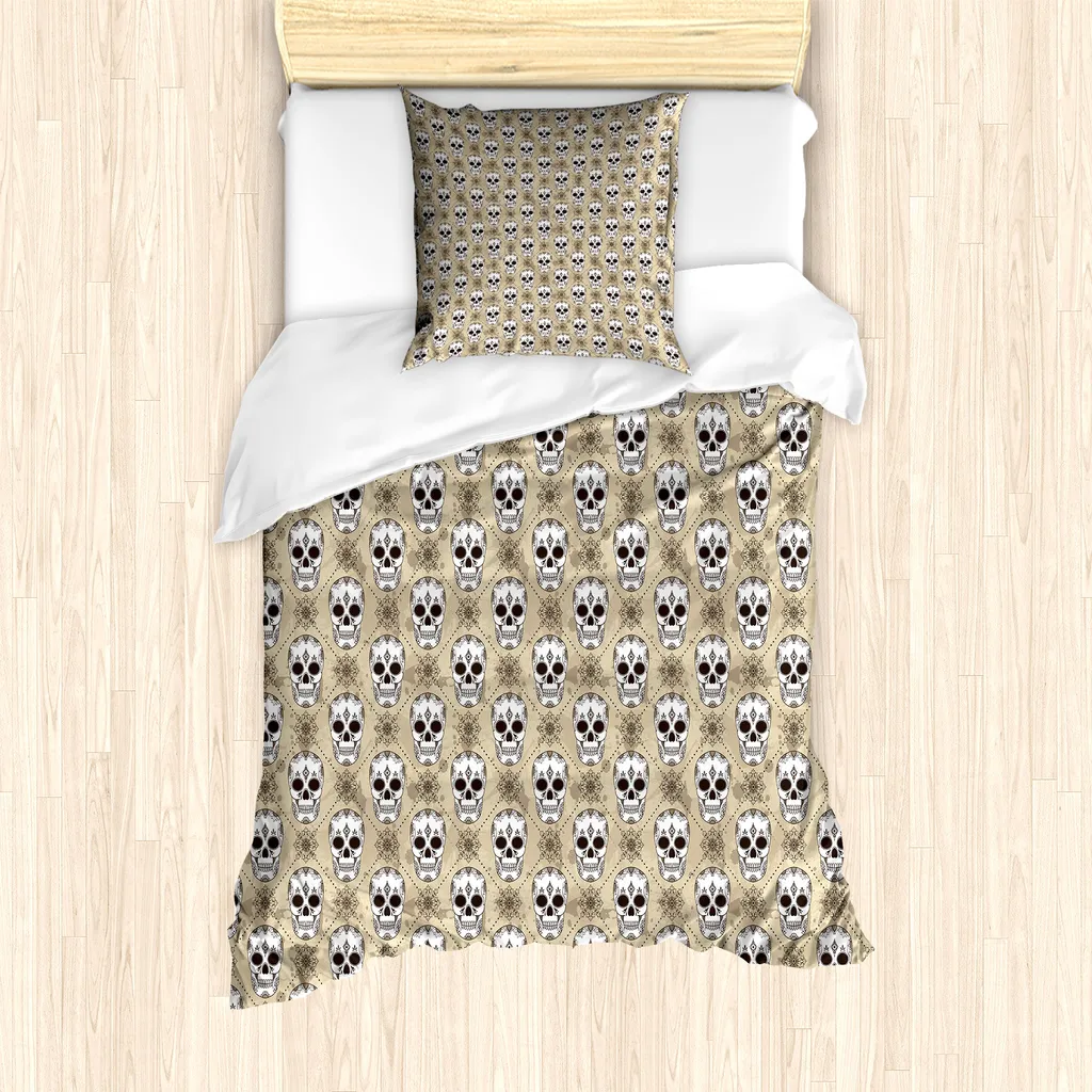 ABAKUHAUS Set copripiumino per letti singoli, teschi grunge, antiacaro, adatto a chi soffre di allergie, con federa, 135 cm x 200 cm - 80 x 80 cm, beige scuro, tortora, grigio