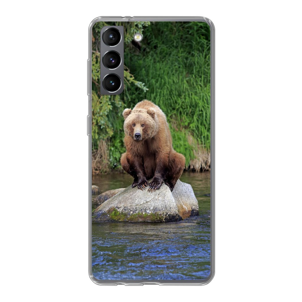 MuchoWow Handyhülle Schutzhülle Hülle für Samsung Galaxy S21 Bär - Stein - Tier Silikon Softcase Handy Hülle - Softcase