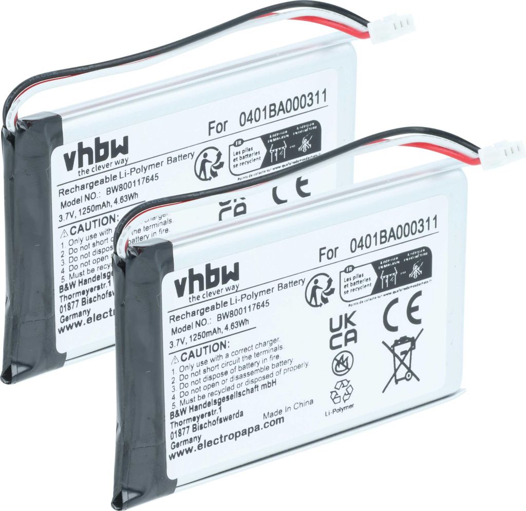 vhbw 2x Akku Ersatz für Elca 0401BA000311 für Fernbedienung Remote Control (1250 mAh, 3,7 V, Li-Polymer)