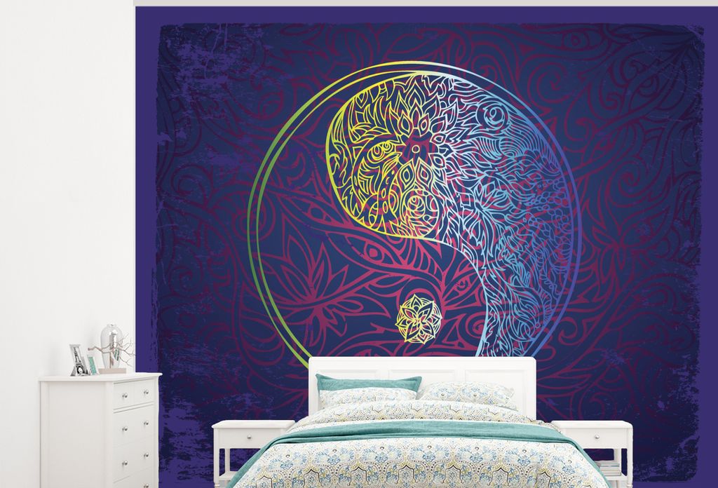 MuchoWow Fototapete für Wohnzimmer oder Schlafzimmer Wandtapete Vinyl Motivtapete Eine Illustration eines Yin und Yang Logos in dunkelblauer Far...