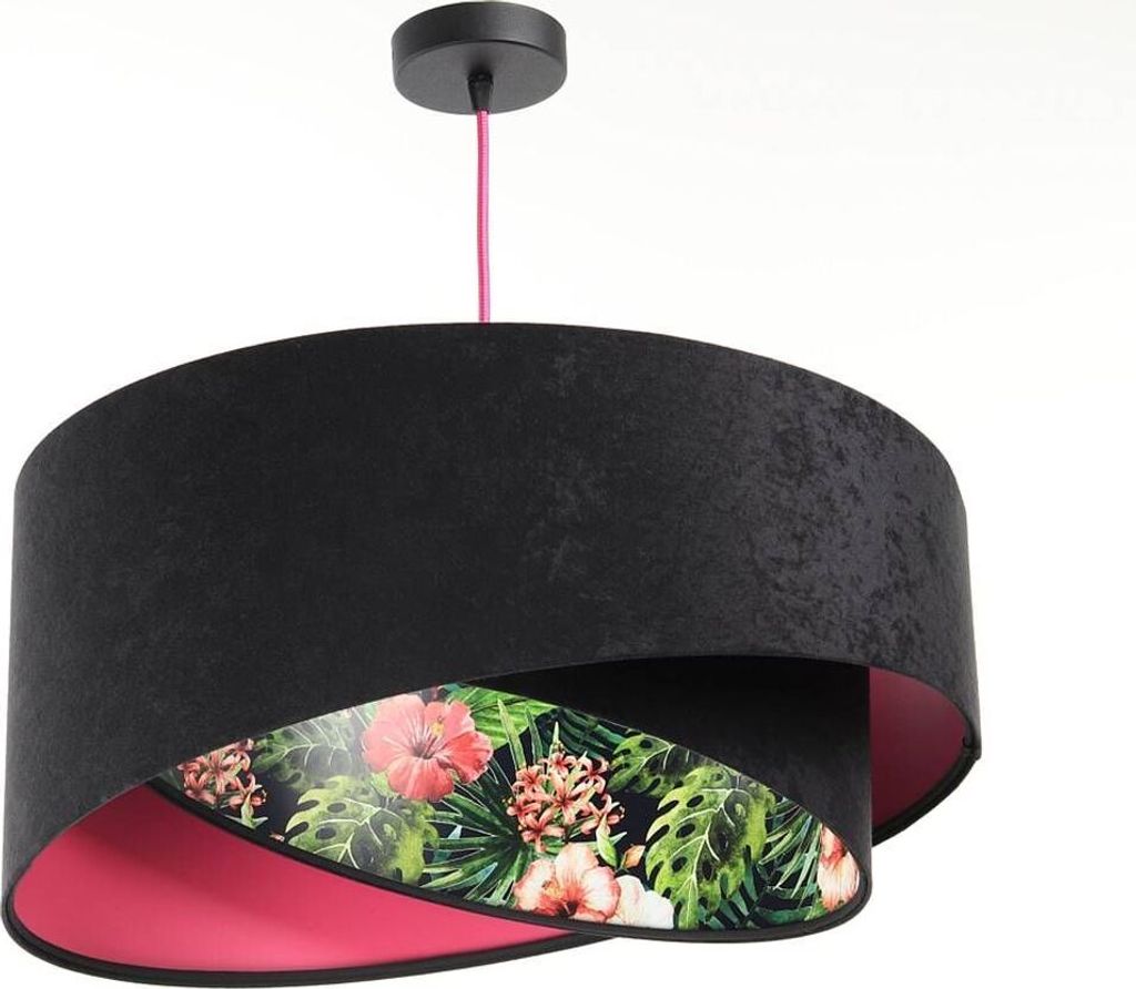 Hängeleuchte Stoff E27 rund Ø 50 cm H: max. 102 cm Weiß Schwarz Grün (Tropical Floral Print) Pink Hängelampe