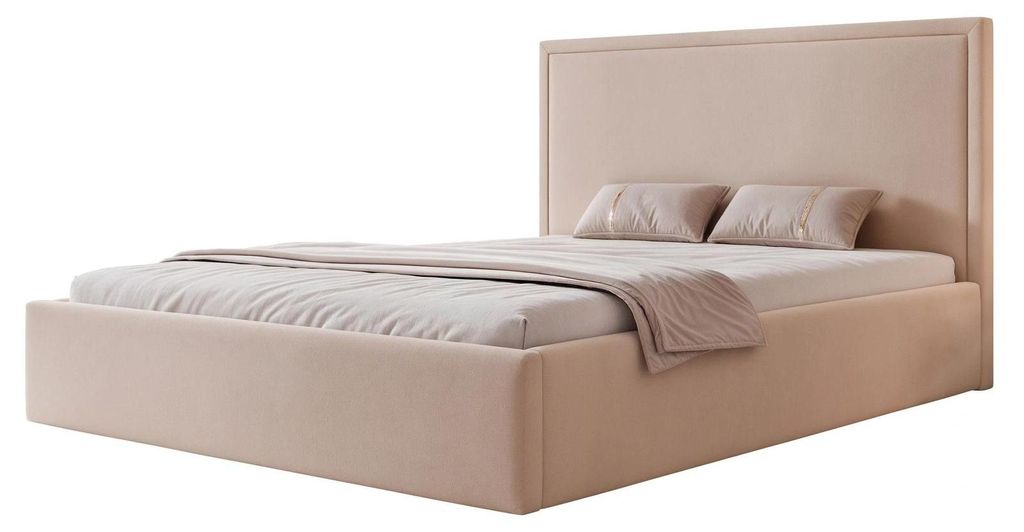 Polsterbett TIRANO 140x200 Kaltbeige Samt Velours mit Bettkasten & Lattenrost