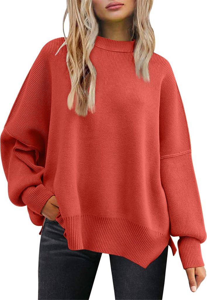 ASKSA Damen Pullover Rundhals Oversized Strickpullover Fledermausaermel Pulli Herbst Winter Warm Lose Strick Seitlichem Schlitz Sweater Oberteile (...