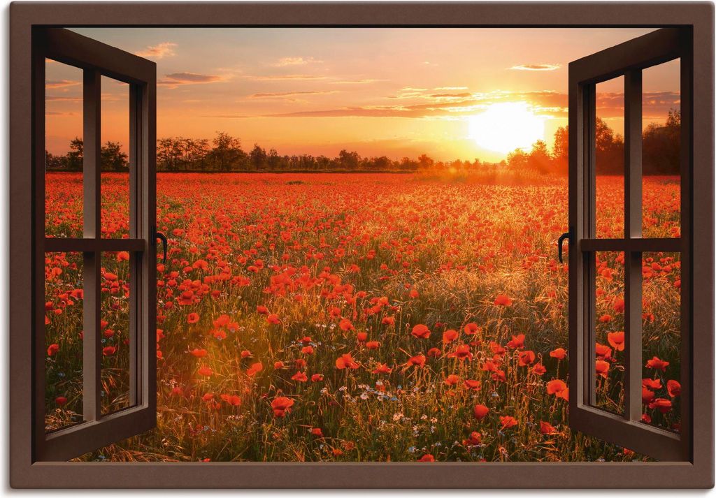 ARTland Leinwandbild Fensterblick Mohnblumenfeld - braun Größe: 130x90 cm