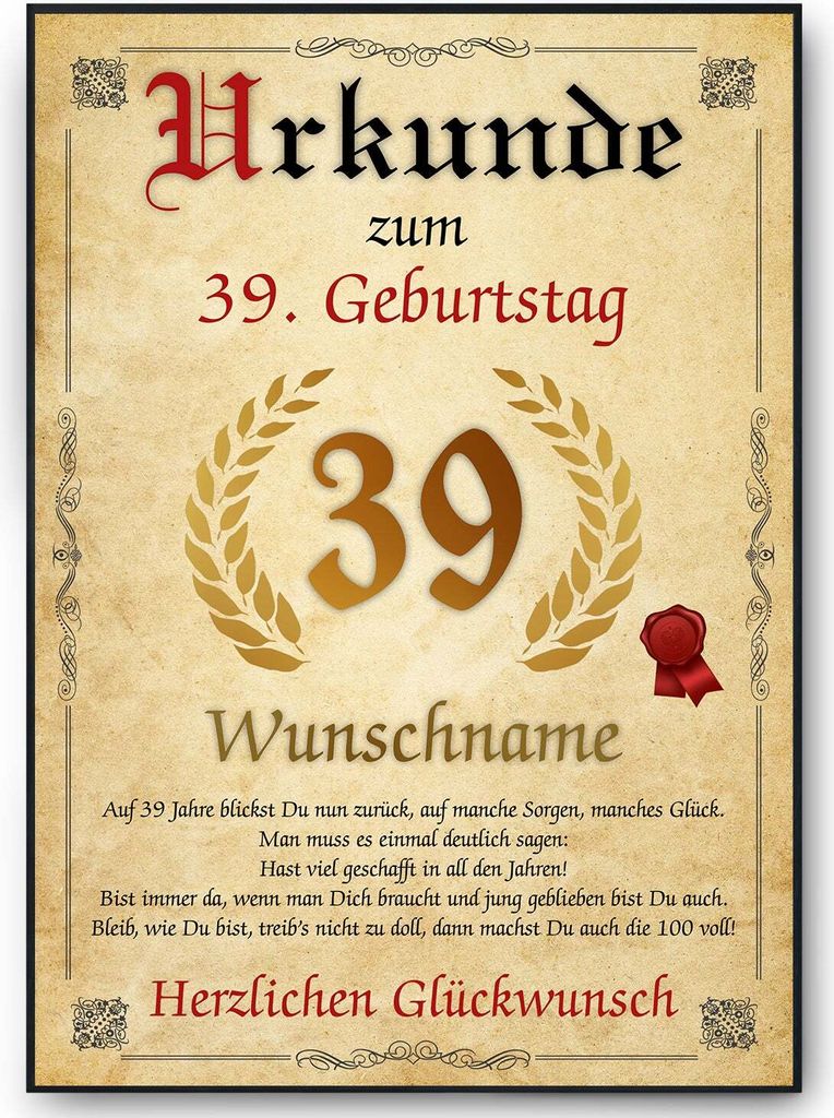 Urkunde zum 39. Geburtstag personalisiertes Geschenk Jahrgang 1986 Geburtstagsurkunde 39 Jahre Geburtstagsgeschenk – DIN A4 + Rahmen schwarz