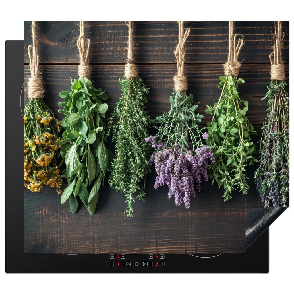 KitchenYeah Herdabdeckplatte Kräuter - Gewürze - Holz , 57x51cm, Küche Deko, Glaskeramikkochfeld Herdabdeckung, Abdeckplatte fùr Kochfeld
