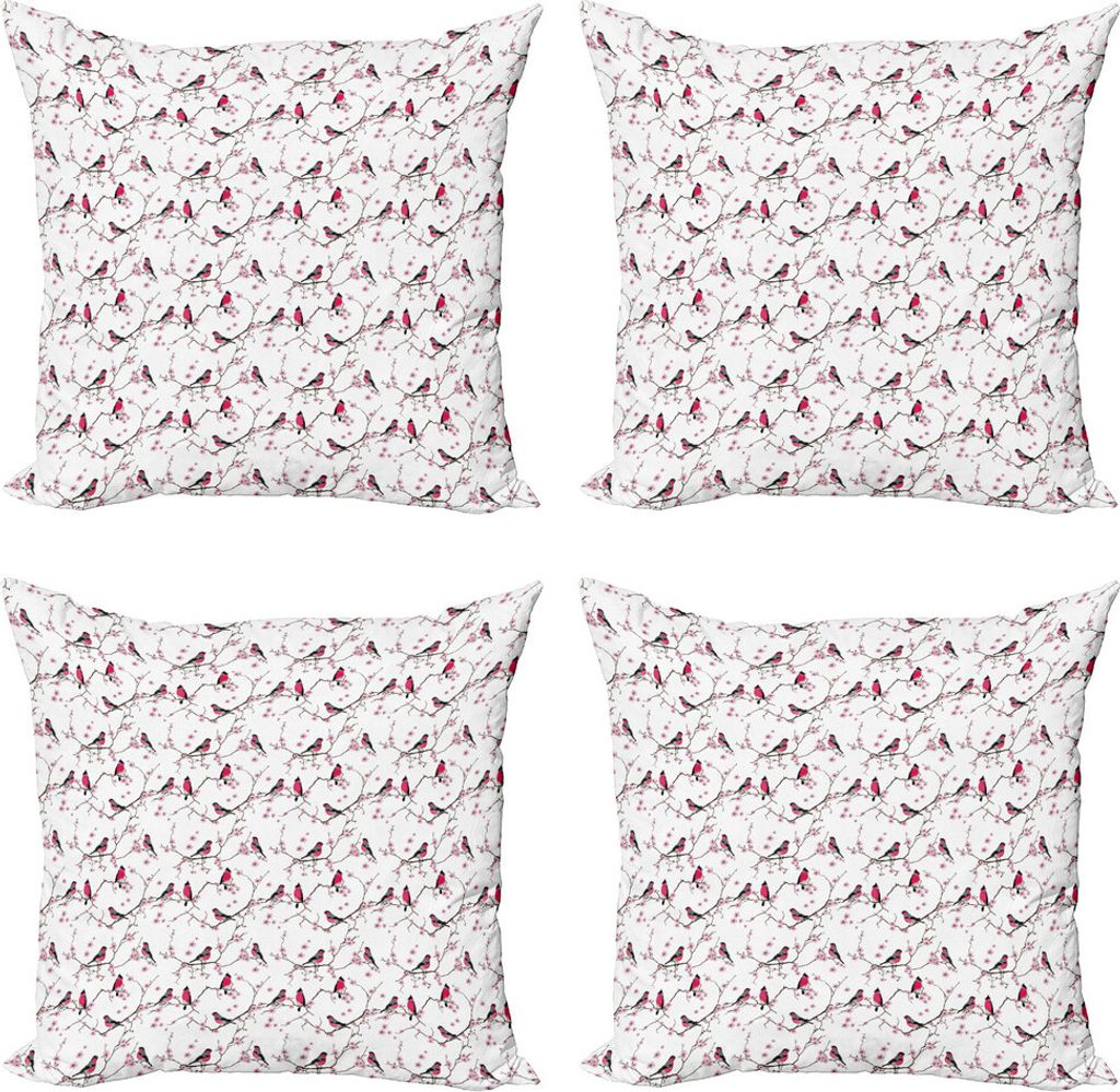 ABAKUHAUS asiatisch Kissenbezug Set (4 Stück), Dompfaff Vögel Sakura, Moderner Doppelseitiger Digitaldruck, 40 cm x 40 cm, Rosa-Schwarz-Grau