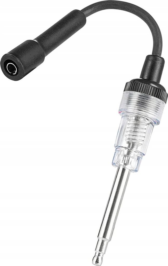 A spark plug tester with a black boot and cable attached to a clear plastic housing with a metal probe.