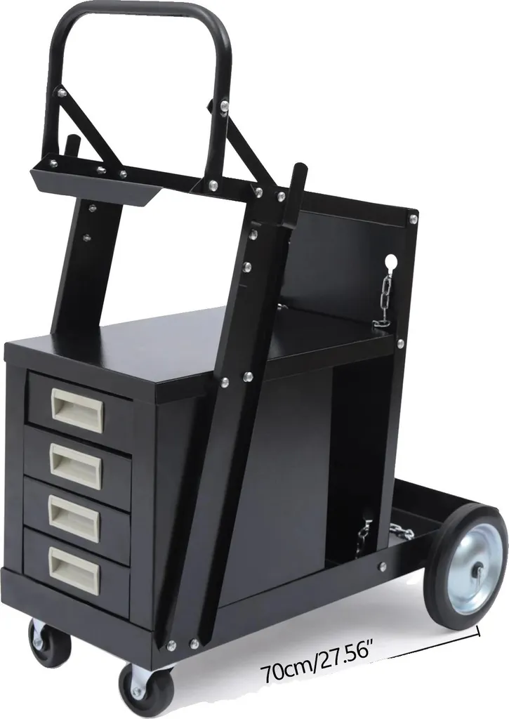 Chariot de soudage noir en acier robuste avec 3 niveaux de rangement