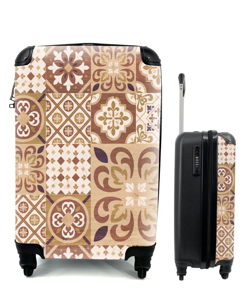 MuchoWow Koffer Handgepäck Trolley Rollkoffer Kleine Reisekoffer mit 4 Rollen - Blumen - Figuren - Vintage - Braun - Design - Cabin Size < 55x40...