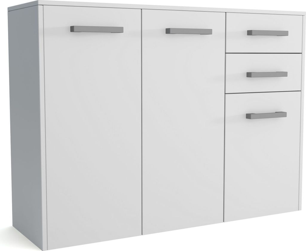 Masseno Kommode SCALINI 113 cm Sideboard mit 2 Schubladen und 3 Türen für Wohnzimmer Schlafzimmer Modern 113x33x82 cm Weiß / Weiß