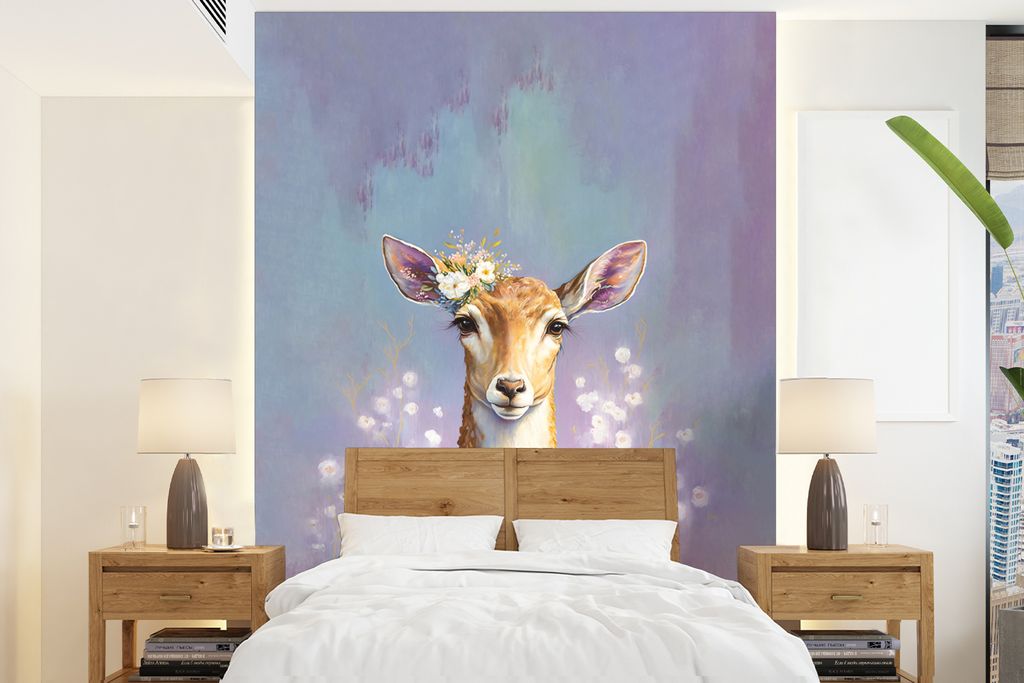 MuchoWow Fototapete für Wohnzimmer oder Schlafzimmer Wandtapete Vinyl Motivtapete Hirsche - Blumen - Gemälde - Porträt - Tiere - 195x260 cm - ...