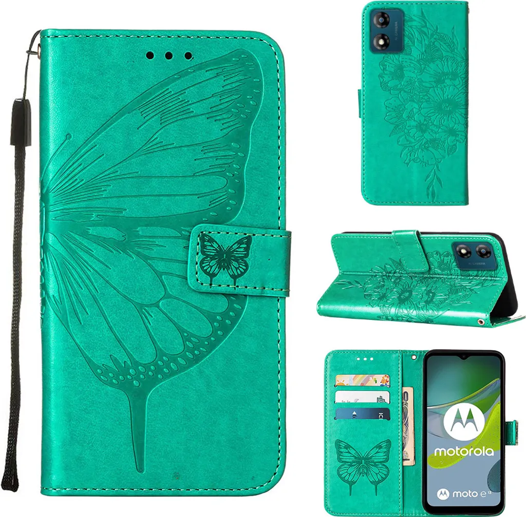 Custodia Motorola Moto E13 Verde Farfalla: Cover Portafoglio in Pelle
