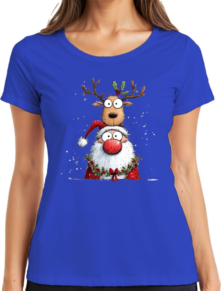 Weihnachtsmann Rentier Cartoon lustig Weihnachten Geschenk Kinder Damen T-Shirt, Blau, XL