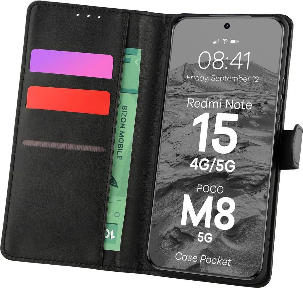 Handyhülle mit Klappe für Xiaomi Redmi Note 15 / POCO M8 5G, Bizon Case Pocket, Schwarz