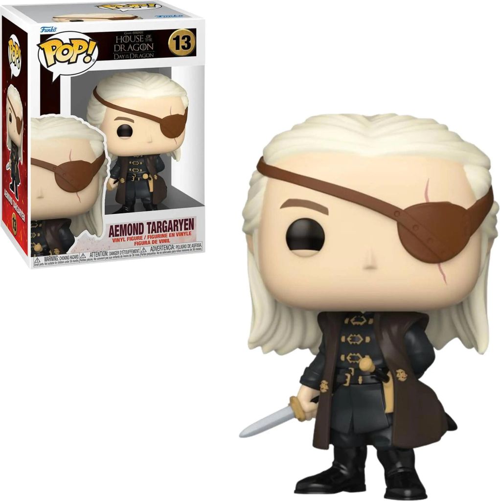 A Funko Pop! vinyl figure of Aemond Targaryen from House of the Dragon, shown both in its packaging and as a standalone figure.