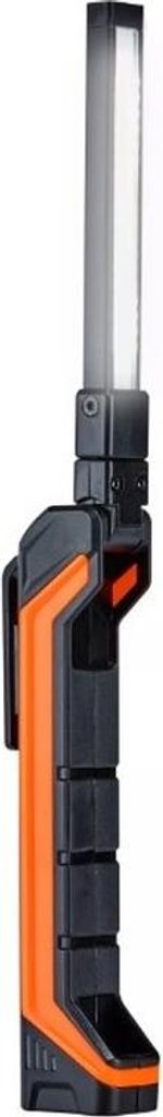 A side view of a black and orange work light on a white background.