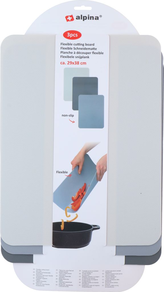 Product packaging for a set of 3 flexible cutting boards, showing a demonstration of one board being used to pour chopped food into a pot.