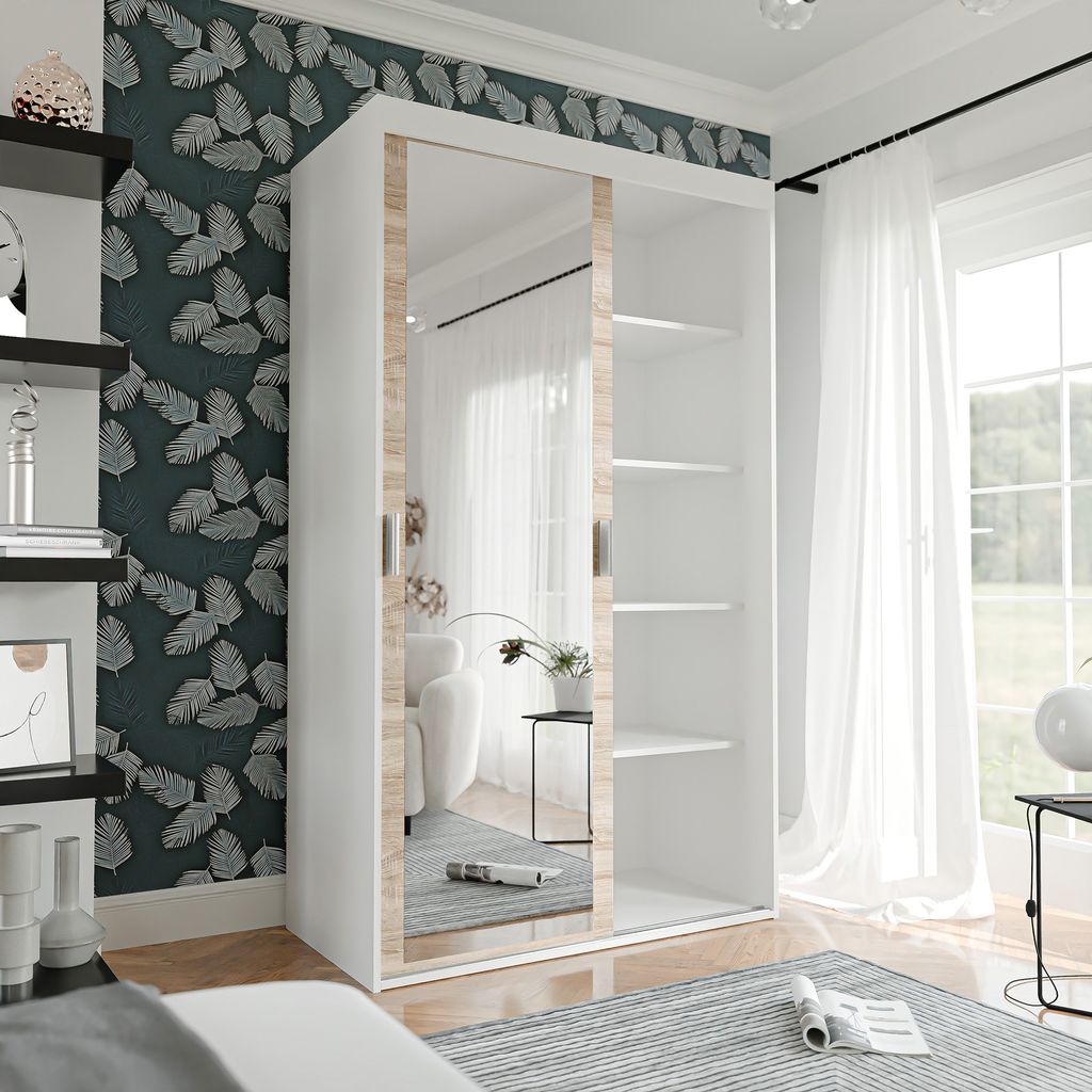 IDOHOME-Zweitüriger Schiebetürenschrank Kleiderschrank mit Spiegel PEDRI 120 cm mit Regalen und Schrank Garderobe Weiß Sonoma silberne Griffe