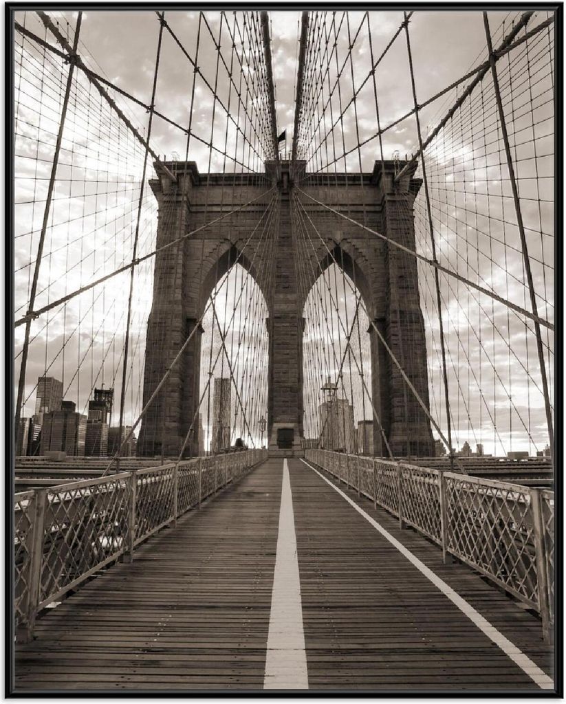 Wallario Wandbild Brooklyn Bridge in New York, Größe: 40,30 x 50,30 cm, Poster mit schwarzem Aluminiumrahmen