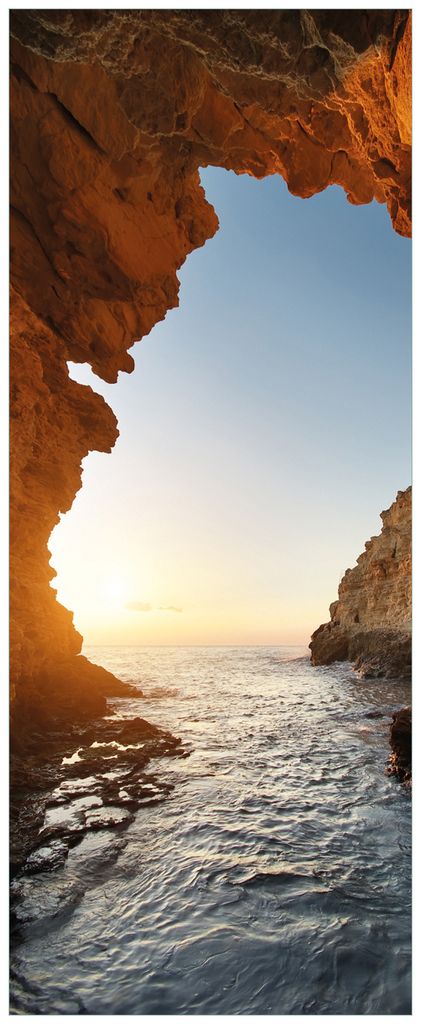 Wallario Premium Glasbild, freischwebende Optik, kräftige Farben, Größe 125 x 50 cm Motiv Höhlen am Meer