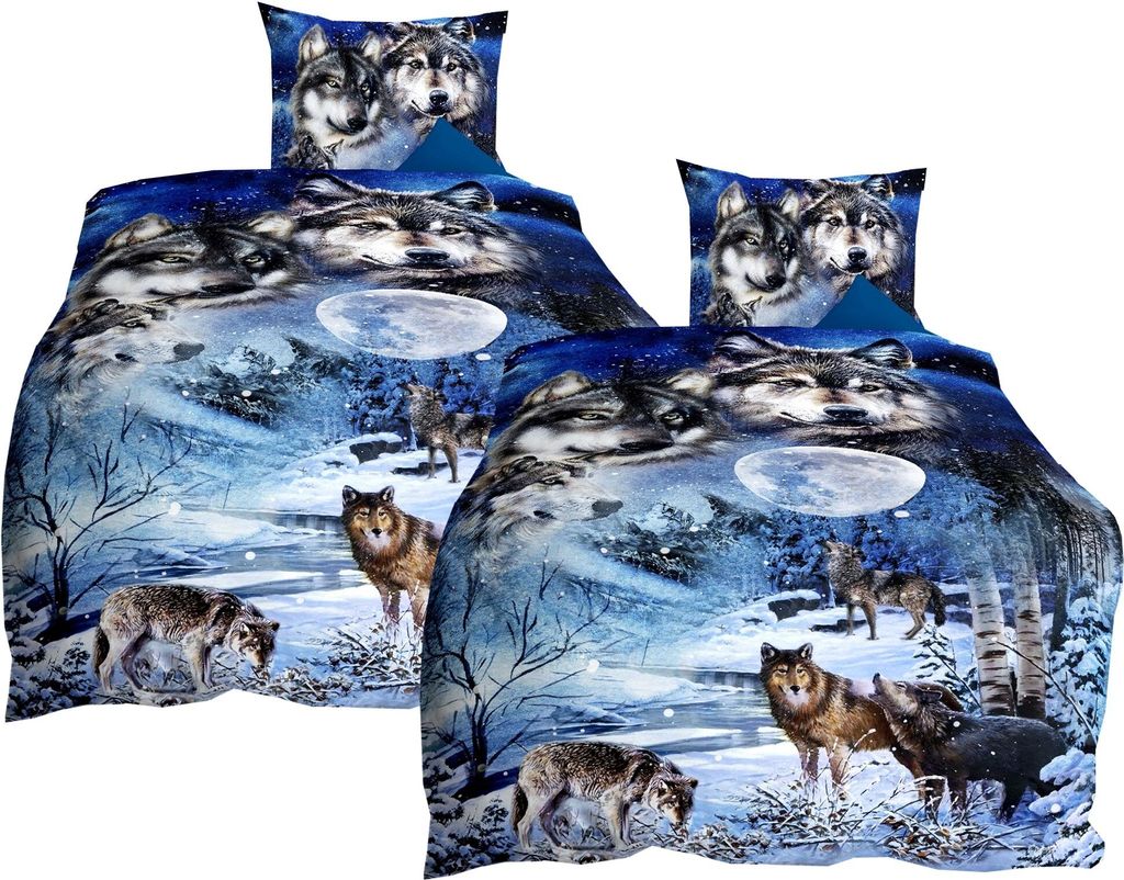JACK by Kaeppel Mako Satin 4tlg. 135x200cm Digitaldruck Bettwäsche Wolf Nights Saphir Blau Anthrazit Grau Wölfe Mond