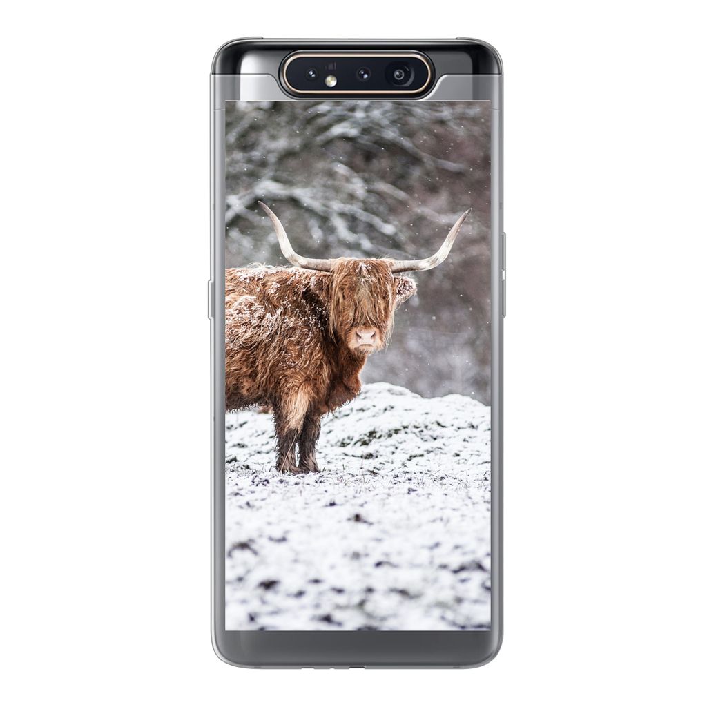 MuchoWow Handyhülle Schutzhülle Hülle für Samsung Galaxy A80 Schottischer Highlander - Baum - Schnee Silikon Softcase Handy Hülle - Schutzde...