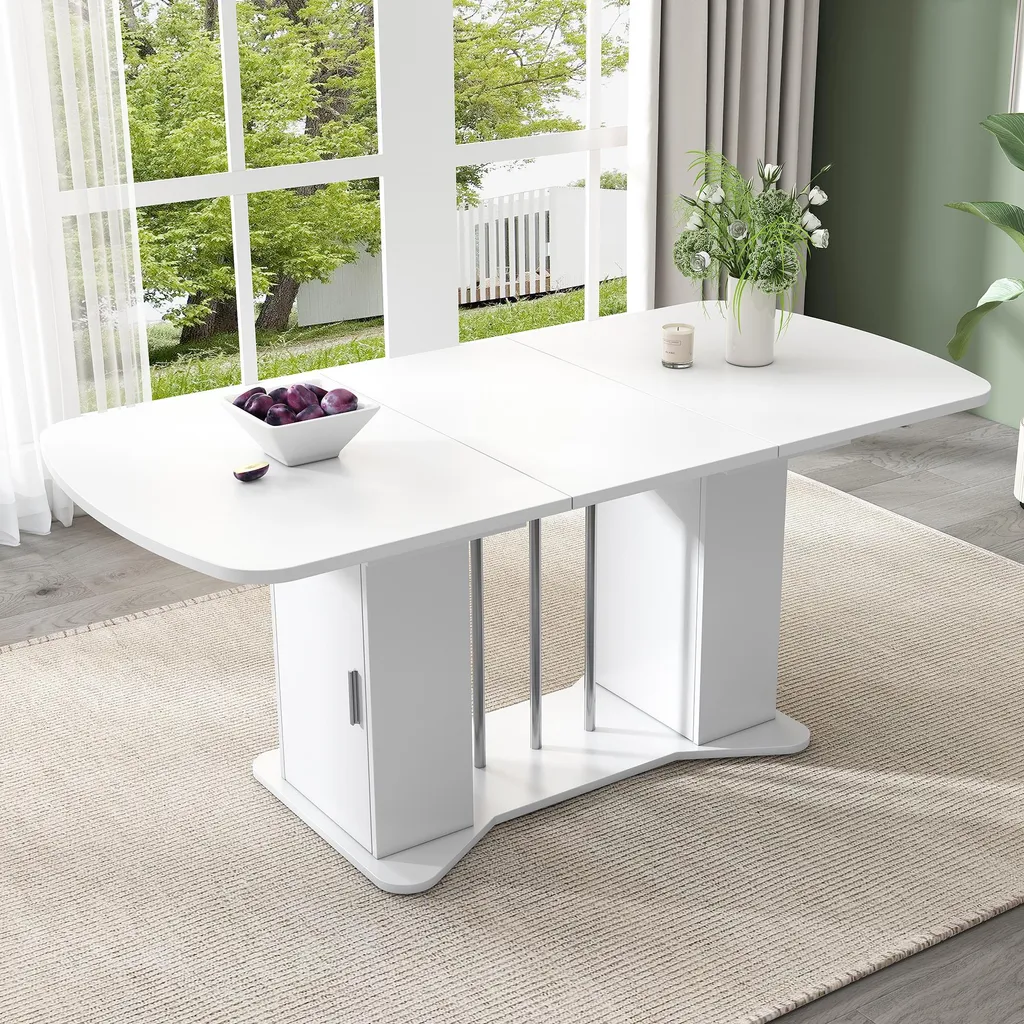 Table blanche design extensible avec rangement et pieds en métal