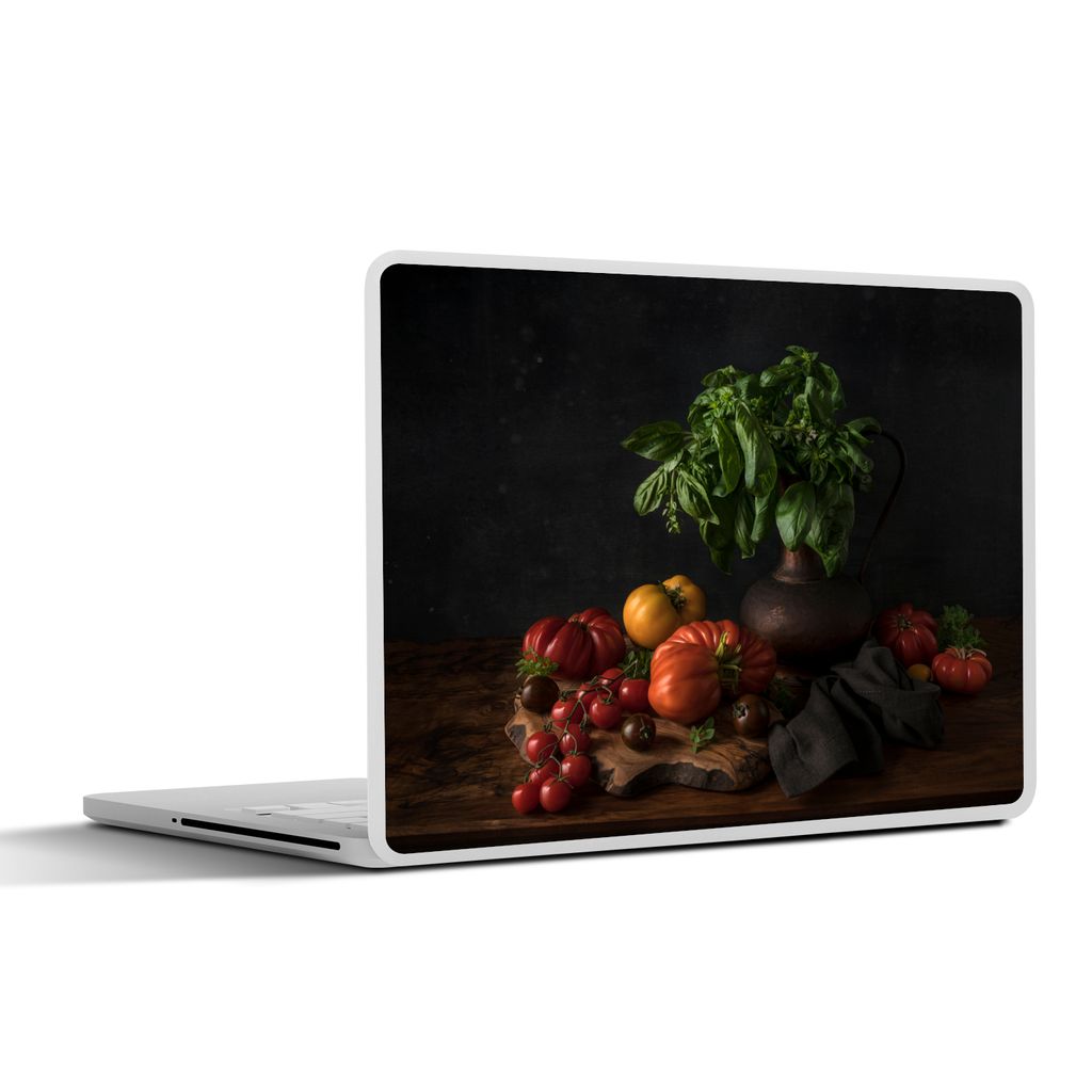 MuchoWow Laptop Aufkleber Sticker Cover Stilleben - Tomaten - Basilikum - Gemälde - Gemüse - Schwarz 30x22 cm - Laptop-Sticker