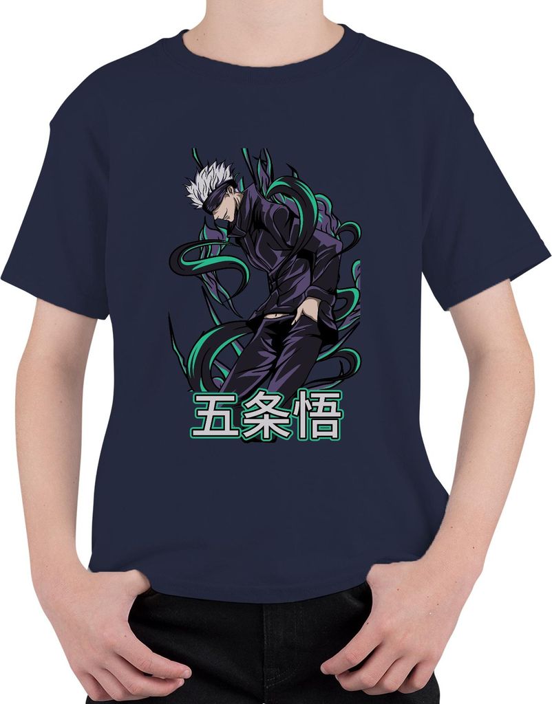 Jujutsu Kaisen Gojo 五条悟 Anime Otaku Geschenk Cool Augenbinde Uni Kinder T-Shirt, Navy, 104