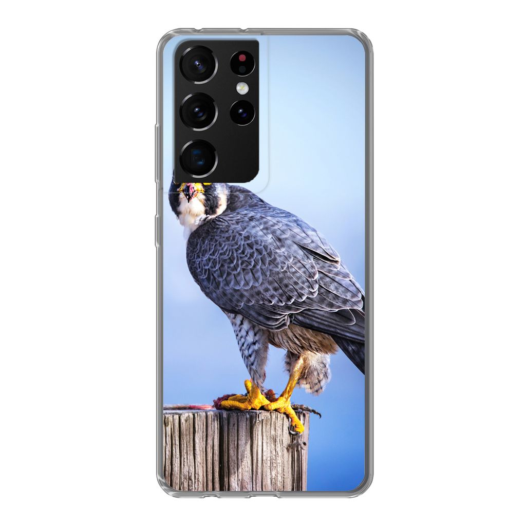 MuchoWow Handyhülle Schutzhülle Hülle für Samsung Galaxy S21 Ultra Nahaufnahme eines Raubvogels auf einer dicken Holzstange Silikon Softcase ...