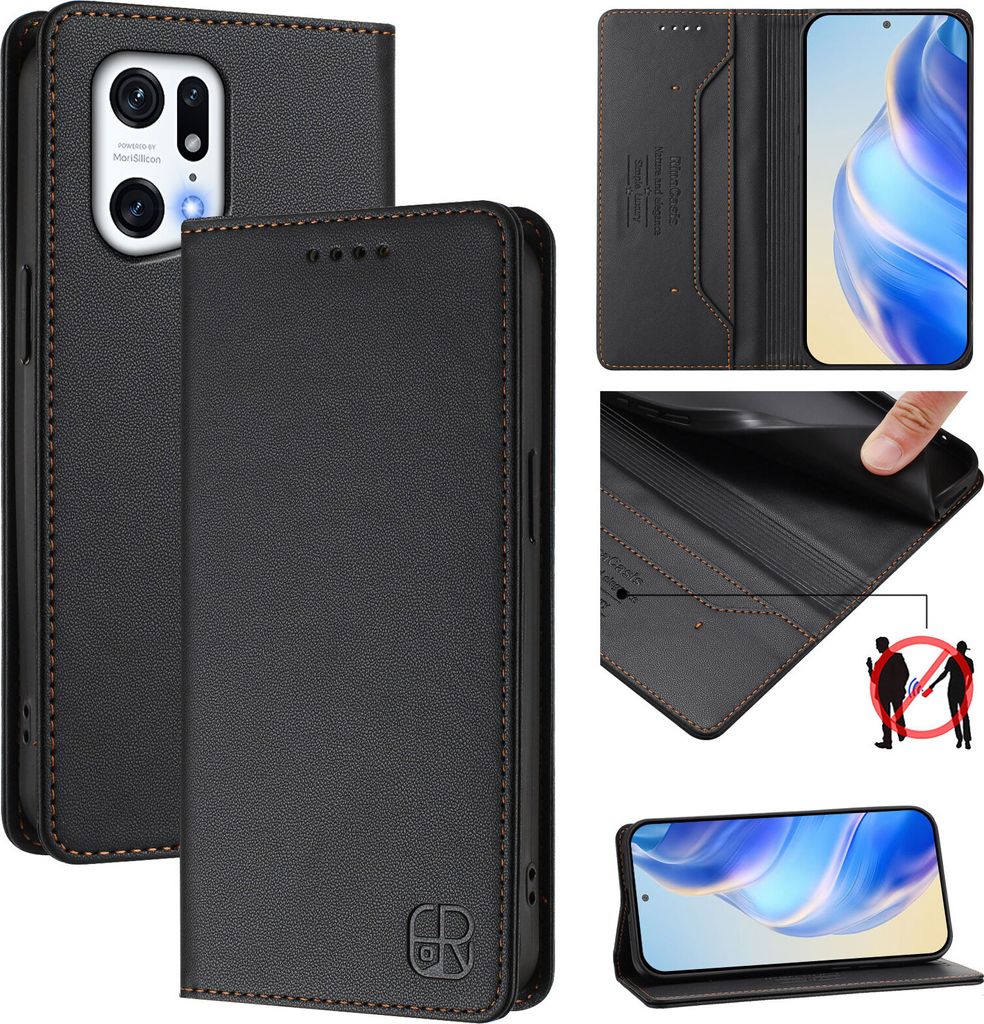 Lederhülle für Oppo Find X5 Pro Hülle Flip Brieftasche Kartenfächern Ständer Schutzhülle Schwarz