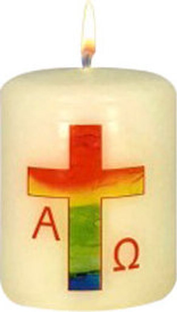 Osterkerze Ostersymbol, Kreuz Bunt A + O, 60 x Ø 50 mm Produktbild 