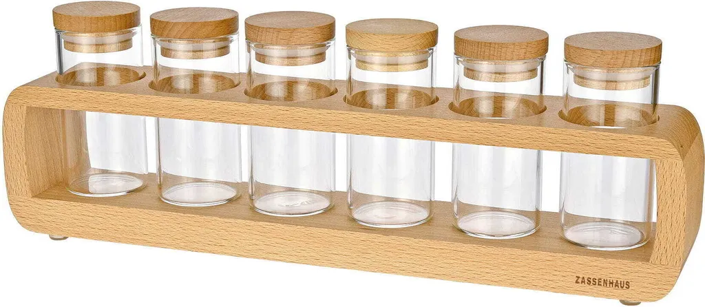 Étagère à épices robuste en hêtre naturel, set de 6 pièces en verre