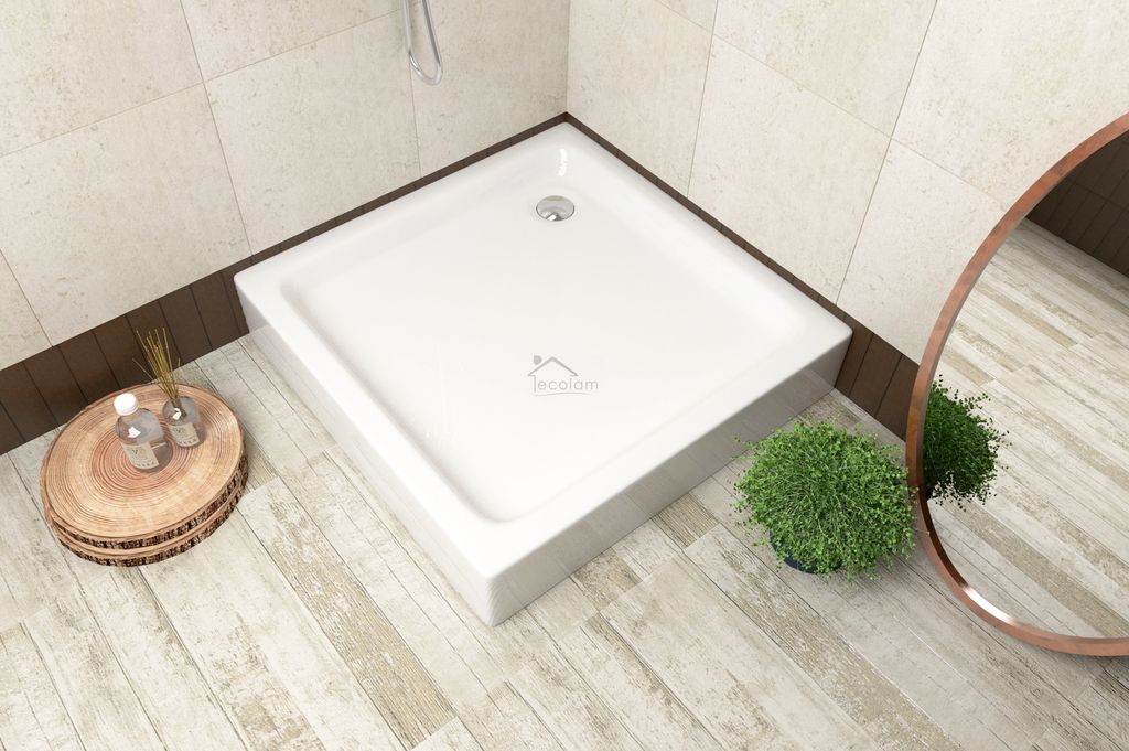ECOLAM Duschwanne Duschtasse flach Grando Plus Viereck quadratisch 80x80 Acryl weiß Styroporunterseite + Siphon