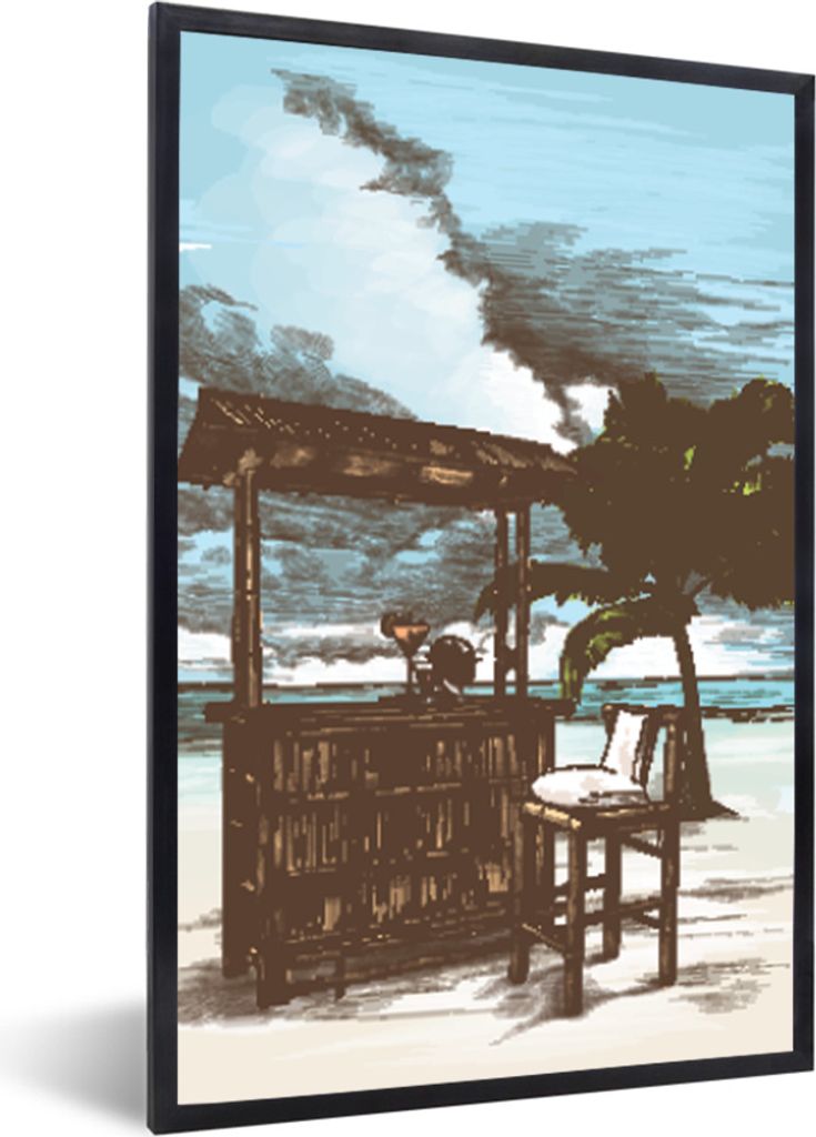 MuchoWow MuchoWow Gerahmtes Poster Strand - Hütte - Palme 40x60 cm - Poster mit zchwarzem Bilderrahmen - Papierdruck - Wandbilder