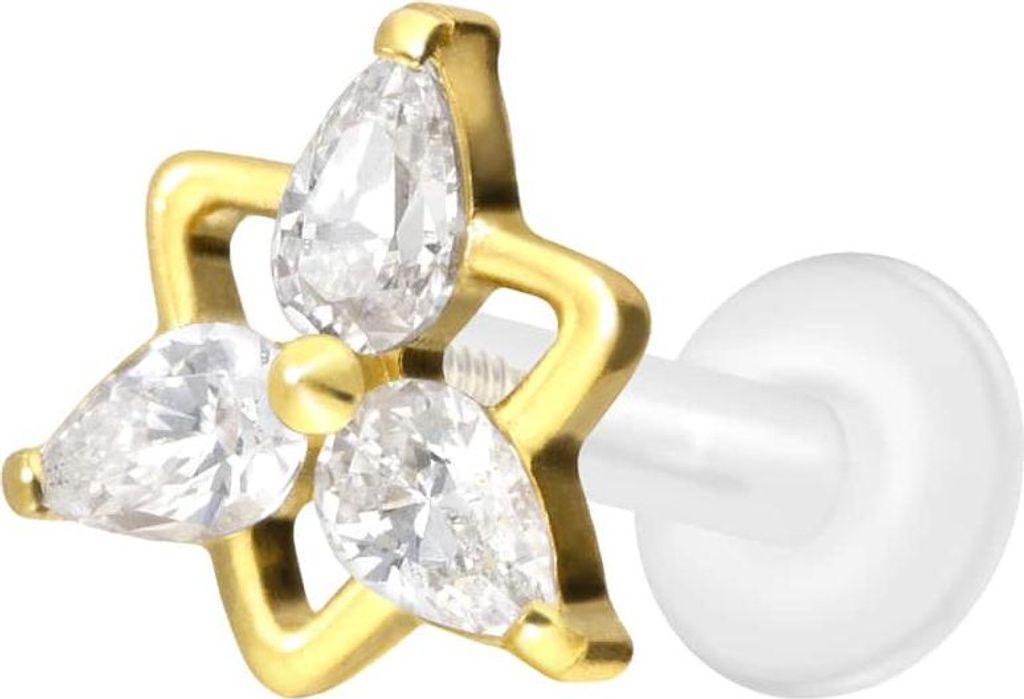 Ohrpiercing, Nasenpiercing PTFE Labret mit Innengewinde + Titan-Aufsatz KRISTALLBLUME Gold Stablänge: 8mm | Stabstärke: 1,6mm