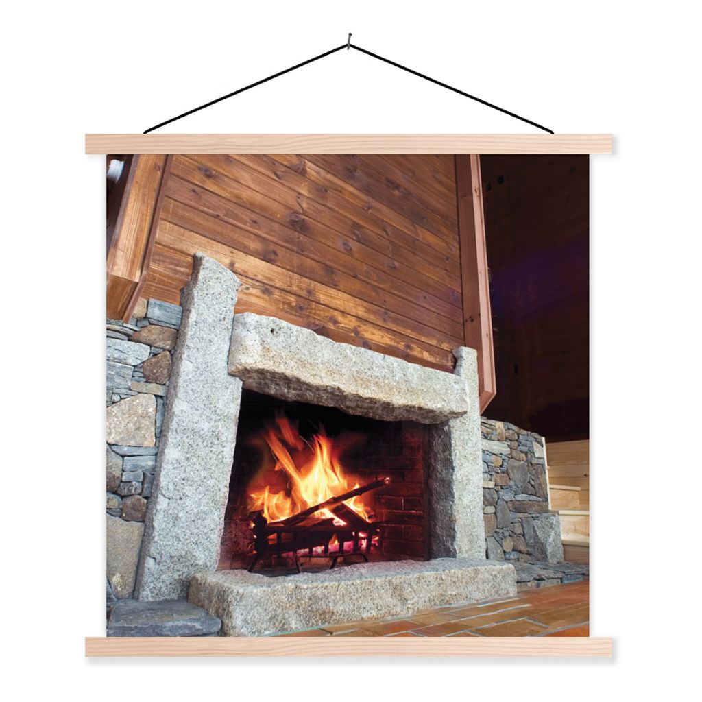 MuchoWow Textilposter Kamin aus Stein 60x60 cm mit holzfarbenen Rahmen - Wanddekoration