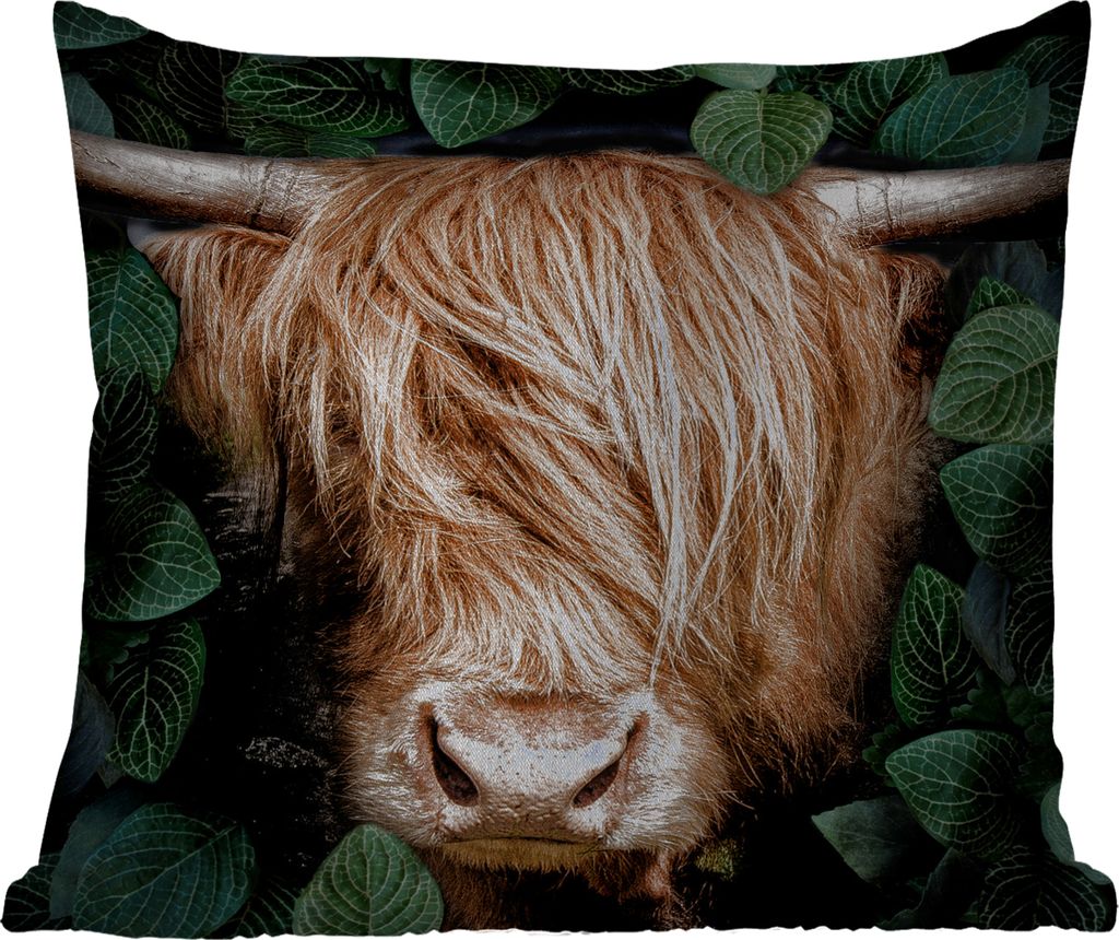 MuchoWow Outdoor Kissen - Schottisches Hochlandrind - Blättrig - Kuh - 60x60 cm - Wetterfest - Lounge Kissen - Dekoration - Schlaf Kissen