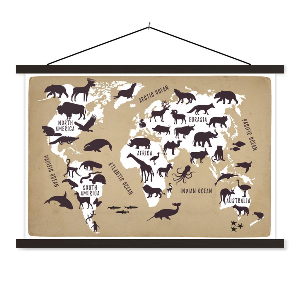 MuchoWow Textilposter Weltkarte - Sepia - Tiere 60x40 cm mit schwarzem Rahmen - Hölzernes