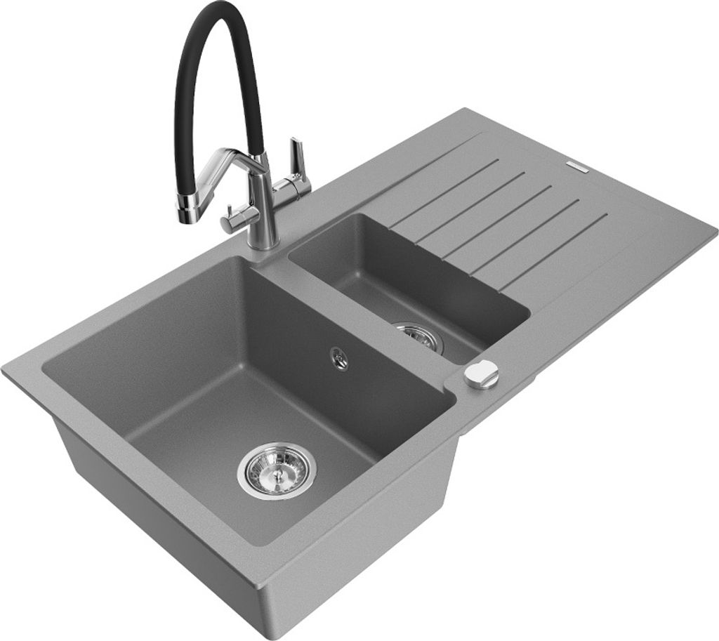 Mexen Matias 1,5-Becken-Granitspüle mit Abtropffläche und Mischbatterie Duo, Grau - 6502-71-671701-07