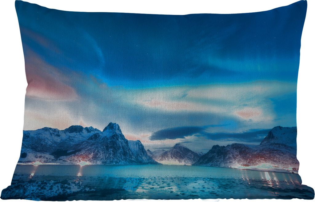 MuchoWow Outdoor Kissen - Nordlichter - Schnee - Berg - Nacht - 60x40 cm - Wetterfest - Lounge Kissen - Zierkissen - Kissen für Innenräume