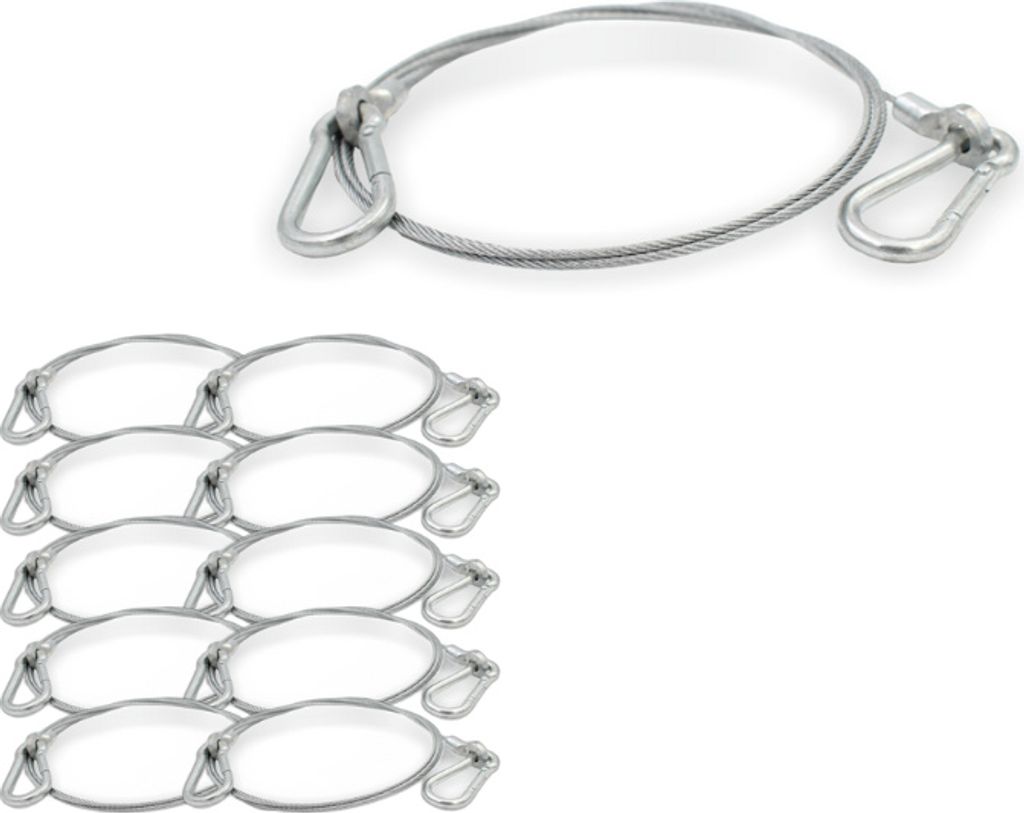 10x Drahtseil, Ø 1,5 mm, 7x7, beidseitiger Ringkabelschuh mit Karabiner 4x40, Stahl verzinkt | Länge 350 mm