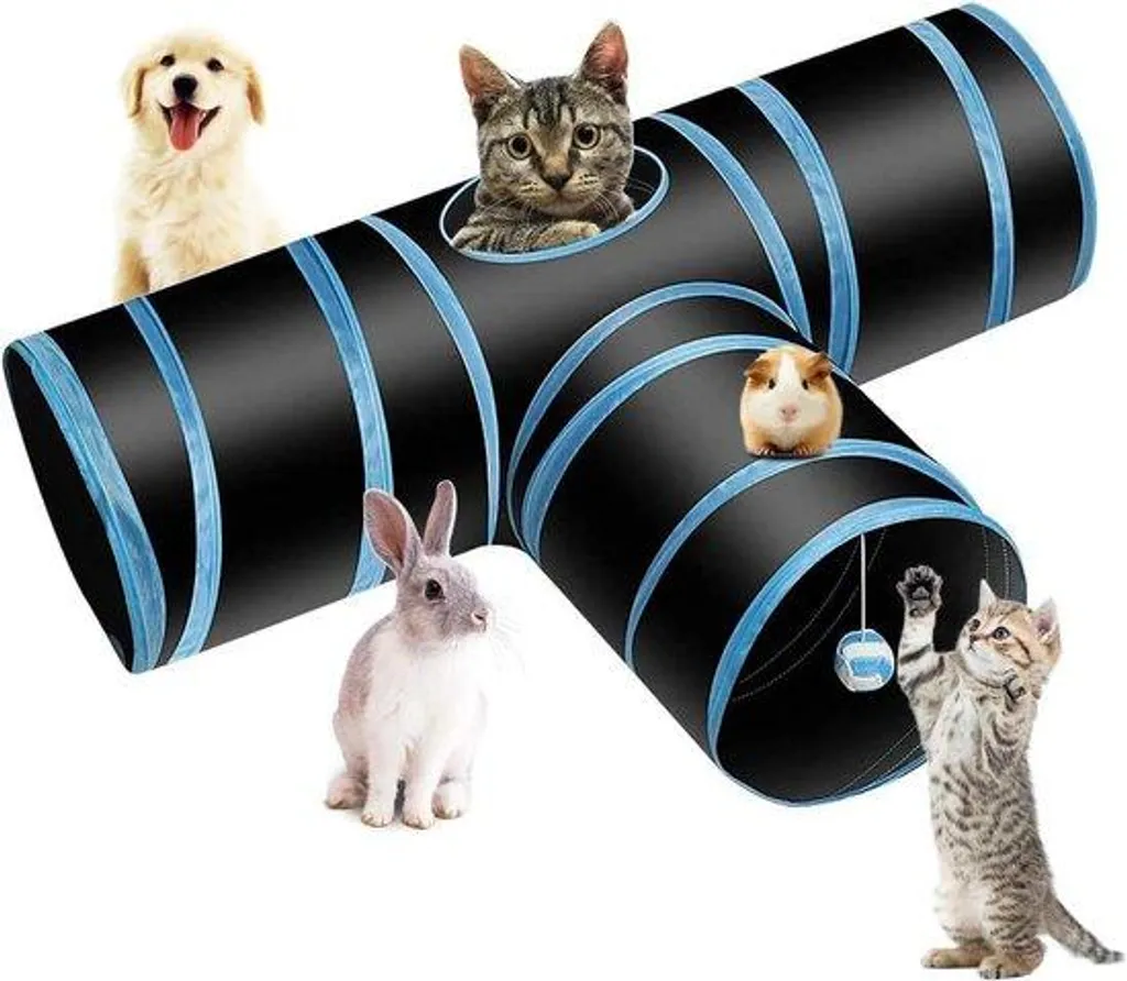 Tunnel triple pour chat en plastique résistant - Modèle pliable T3-Blue