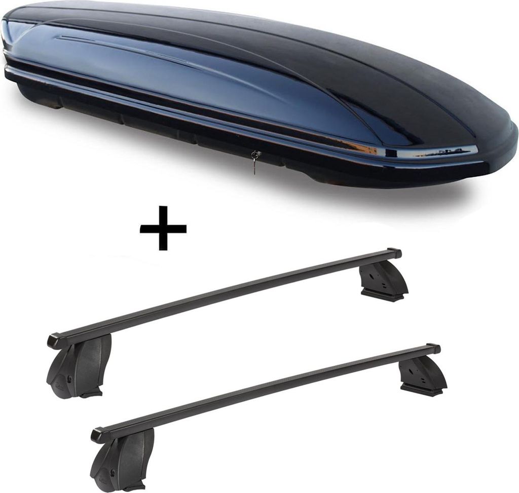 Dachbox VDPMAA460 460 Liter schwarz glänzend abschließbar + Dachträger K1 MEDIUM kompatibel mit für Mercedes A (W176) (5Türer) 13-15