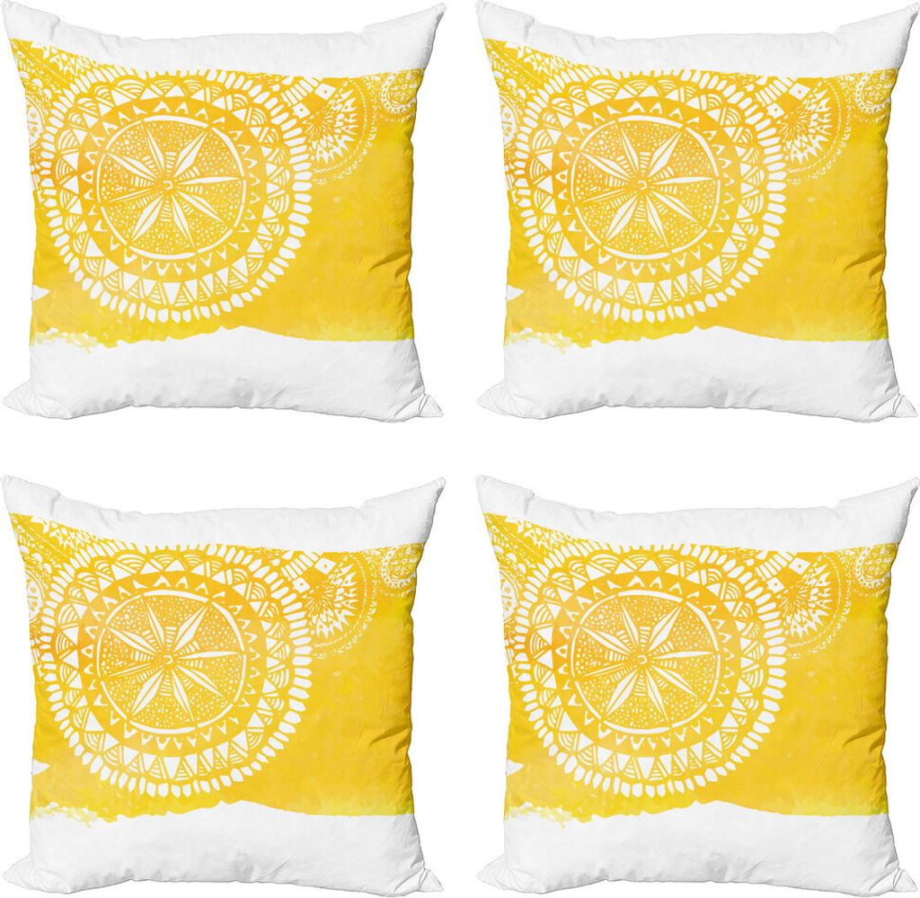 ABAKUHAUS Gelb Kissenbezug Set (4 Stück), Mandala Oriental Ethnic, Moderner Doppelseitiger Digitaldruck, 45 cm x 45 cm, Gelb weiss