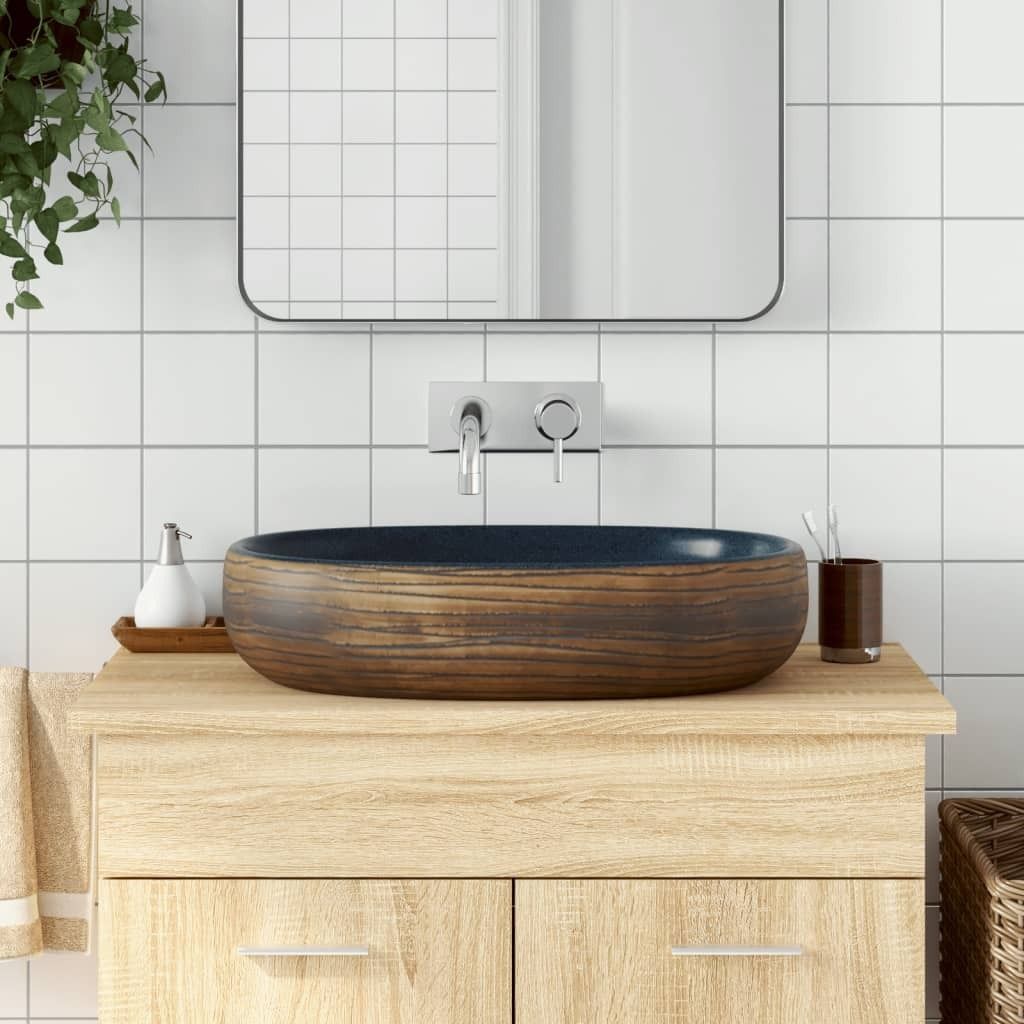 Möbel Aufsatzwaschbecken Braun und Blau Oval 59x40x14 cm Keramik - Waschbecken 155100