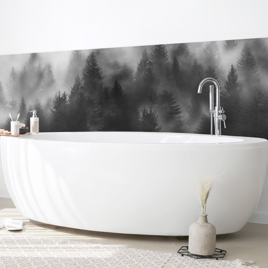 Wandverkleidung Bad Wald selbstklebend - 0.61 mm Wandpaneel matt wasserfest Wald schwarz weiss Motiv Badrückwand fugenlos 300x50 cm